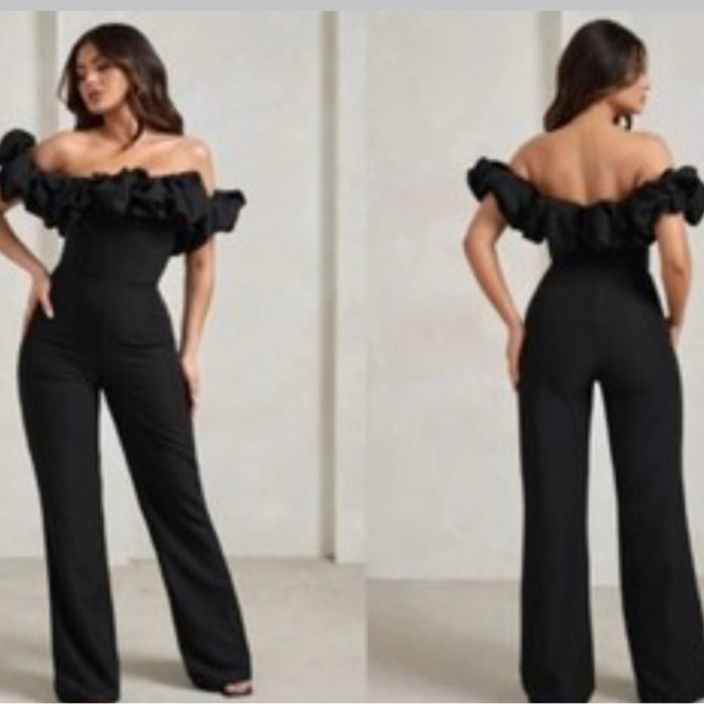 Club L Esmie Bottle Black Jumpsuit Structured Statement Bardot Wide Leg Sz 8 NWT